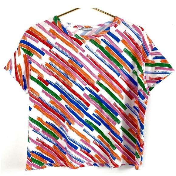 ZARA Diagonal Strips Crew Neck Crop T-Shirt in Rainbow Colors Size S - Picture 2 of 3